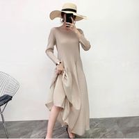 Casual Dresses Korea 2021 Spring Solid Color O-neck Long Dress Women Vintage Loose Big Size Pullover Pleated FZ0496