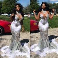 South African See Through Prom Dresses 2k17 Lace Appliques Backless Evening Gowns Tulle Sweep Train Feather Mermaid Women Formal Party Dress