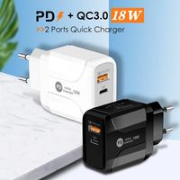 PD18W Téléphone mobile Chargeurs Plug USB Chargeur de câble USB Compatible QC3.0 Charge rapide avec LED pour UE / US / UK en gros