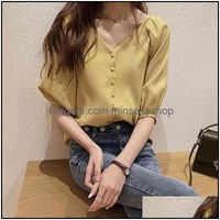 Womens Blouses & Shirts Clothing Apparel Fashion Chiffon Office Lady Shirt Women Blouse Long Sleeve V-Neck Tops Drop Delivery 2021 Ubrqn