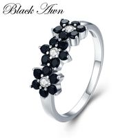 Cute 925 Sterling Silver Fine Jewelry Flower Bague Black Spinel Wedding Rings for Women Girl Party Gift C4 220224