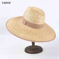 USPop Chapéus de Verão Mulheres Brim Grande Sol Natural Wheat Straw Rimmed Jazz Crown 210608