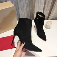 Moda Tasarımcısı Bayan Çizmeler Seksi Bayanlar Kırmızı Alt Çizmeler Yüksek Topuklu Lüks Sivri Toes Siyah Süet Deri Ayak Bileği Çizmeler Kış Ayakkabı Pompalar