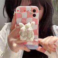 한국어 귀여운 격자 봉제 토끼 브래킷 전화 케이스 아이폰 11 12 13 프로 엑스 xs 최대 x xr 7 8 플러스 kawaii 소프트 실리콘 백 커버 Y1028
