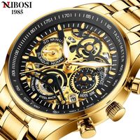 NIBOSI Gold Skeleton Mens Watches 2021 Top Luxury Brand Waterproof Quartz Wristwatch Sports Chronograph Clock Gift For Men Watch