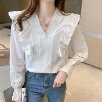 Women's Blouses & Shirts Chikichi 2021 Spring And Autumn Style Korean Fashion Elegant V-neck White Pure Cotton Hollow Long-sleeved Blouse Wo