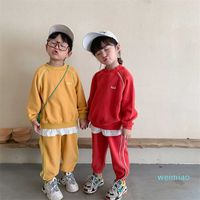 Sonbahar Erkek Kız Gevşek Katı Renk 2 Parça Set Kore Koleji Tarzı Çocuklar Çocuk Uzun Kollu Ve Pantolon Giyim Setleri 211108