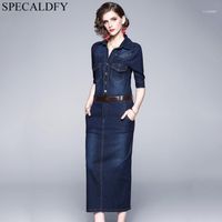 Zomerjurk 2021 gewaad jeans vrouwen pocket klinknagel vintage lange denim jurken plus size slanke bodycon maxi femme1