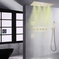 Shower Faucets System Brushed Bathroom Gold Rainfall Shower Head Thermostatic Mixer LED With Massage Body Jets Set