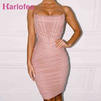 Female Sexy Night Club Celebrity Party Dress Strapless Fish Boned Corset Midi Tulle Mesh Ruched Vestidos Outfits 210520