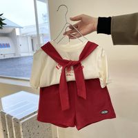 Kızlar Giyim Çocuk Kıyafetleri Yaz Bej T Gömlek Ve Kırmızı Şort Set Bebek Kız Rahat Tüm Maç Giyim Setleri