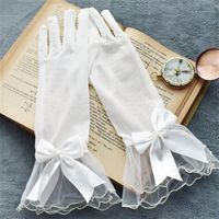 Fünf Fingern Handschuhe Hochzeit Braut Sheer Mesh Dünne kurze Satin Bowknot Wellenförmige Rüschen Mitte