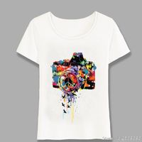 Women's T-Shirt Paint Splash Dslr Camera With Flying Birds Peace Sign Women Rainbow Rain Art Casual Tops Girl Tees Harajuku