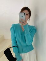 Damen Stricks T-Shirts Koreaner Herbstgestrickte V-Ausschnitt langärmlige Button Doppelreimed Pullover Cardigans Frauen Mode Streetwear 2021
