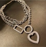 Chains Geometric Square Round Heart-shaped Pendant Necklace Three-layer Thick Chain Inlaid Exaggerated All-match