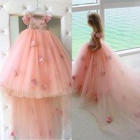 2021 Vestidos de niñas de flores rosadas para bodas del hombro de tul satinado altas flores 3D de la princesa de la princesa Kids Cumpleaños de cumpleaños Pague