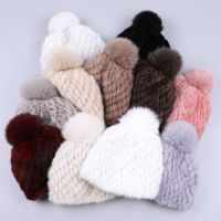 100% real mink fur hat women winter knitted beanies Russian Girls cap with fox fur pom poms thick female cap Elastic 220113