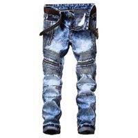Men' s Jeans Mens Clothing Washed Slim Pleated Blue Deni...