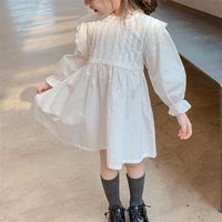 Kızlar Çiçek Katı Renk Elbise Sonbahar Tatlı Uzun Kollu Prenses Elbiseler Boyutu 90-130 Çocuk Çocuklar için Casual Beyaz Sevimli Giysiler 211103