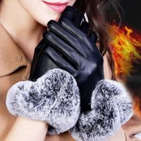Cinco dedos luvas de inverno luvas de couro elástico pele quente moda mulheres pretas ao ar livre calor full dedo