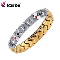 Rainso Brand Healing 4 In 1 Elements Magnetic Bracelet Men&#039;s Bijoux Gold Stainless Steel Bangle For Charm OSB-003GSFIR Link, Chain