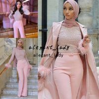 Różowy kombinezon Prom Dresses Muzułmański Bliski Wschód Luksusowy Koralik Top Feather Pełny Rękaw Outfit Spodnie Wieczorne Wears Robes De Soirée
