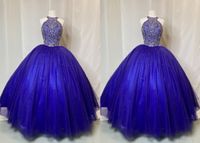 Royal Blue Halter Ball Gown Quinceanera Dresses Sliver Crystal Rhinestones Tulle Princess Long Prom Eveening Dress