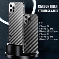 Luxe Koolstofvezel Roestvrij staal Metalen Bumper Case voor iPhone 12 13 PRO MAX SCHOKELISCHE COVER MET GEMAATSTE GLASBEELD