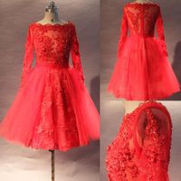 Rote Vintage kurze Brautkleider 2019 Realbild Tüll Applique Perlen Pailletten Ballkleid Langarm Spitze Brautkleider Reißverschluss Zurück W1502