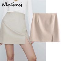 Mini Skirt Women Vintage High Waist Leatherette Spring Skirts Woman Fashion Side Slit Back Zip Fitted 03 210628