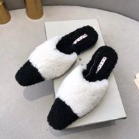 High-quality panda womens slippers net red lamb hair fashion shoes Baotou pointed toe color matching black and white with flat bottom genuine leather factory source