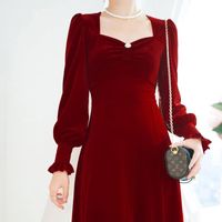 Casual Dresses Red Elegant Dress Women Vintage French Style Hepburn Puff Sleeve Button A-Line Midi Party Chic Autumn 2021 Woman