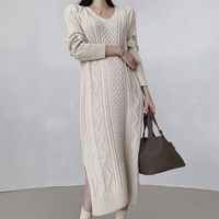 Casual Dresses Women Korean V-neck Twist Pattern Over The Knee Knit Large Size Dress Autumn Thicken Loose Side Slits Sweater Vestido