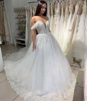 Off Shoulder Lace Ball Gown Wedding Dresses with Appliques C...