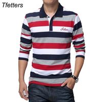 TFETTERS Sonbahar erkek T-Shirt Şerit Desen Mektuplar Baskı Uzun Kollu T-Shirt Turn-down Yaka Gömlek T-shirt Büyük Boy M - 5XL 210408