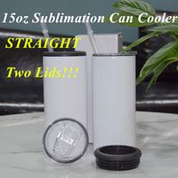 Two Lids 15oz Sublimation Can Cooler Straight Tumbler Stainl...