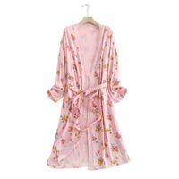 Spring And Autumn Cotton Waffle Kimono Bride Bathrobe Night Gown Home Wear Women Flower Print Sashes House Robe For Women&#039;s Sleepwear