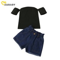 1-6Y Summer Fashion Kid Toddler Girls Clothes Set Black Off shoulder T shirt Denim Shorts Outfits 210515