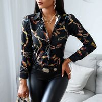 Moda Eğilim Kadınlar Ince V Yaka Gömlek Seksi Kontrast Renk Uzun Kollu Üst Yüksek Bel Sıkı Uydurma Baskı Bahar Sonbahar Giyim