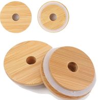 Tapa de albañiles Caps-tapas de bambú reutilizables con orificio de paja y sello de silicona para frascos de masón.