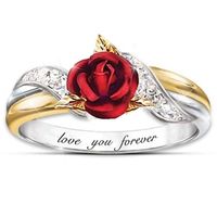 Rote Rose Garten Blume Blätter Resistable Gold Finger Ringe Valentinstag Geschenk Schmuck für Frauen