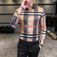 Erkek Casual Gömlek 2021 Vintage Baskı Uzun Kollu Marka Gömlek Moda Slim Fit Çizgili Hawaii Nightclub Ekose Tops