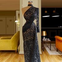Eine Schulter schwarzes Abendkleid mit Quasten siehe Thru lange Prom Kleider Sexy Spitze Vestidos de Novia