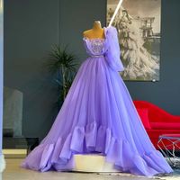 Zarif Mor Gelinlik Modelleri Uzun Bir Omuz Tül Balo Aplikler Boncuklu Kristaller Kadınlar Örgün Akşam Parti Abiye Özel Durum Elbise Vestidos