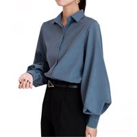Blusas femininas camisas escritório senhora manga longa giro colarinho botões preto branco trabalho azul desgaste mulheres roupas primavera outono tops