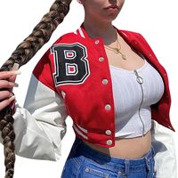 Frauen Crop Bomber Jacke Slim Übergroße Varsity Button Down Baseball Mantel Casual Patchwork Outwear Vintage Streetwear