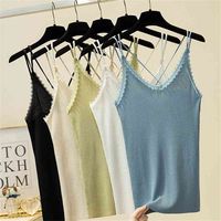 Summer knitted v-neck lace Top women sling sleeveless top sexy vest female outer wear short bottom shirt lace top Casual Camis 210515