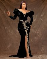 Robe de Soirée Femme Formal Aso Ebi Black вечерние платья с длинными рукавами бархатные аппликации бусины русалка выпускные платья женщин вечеринка