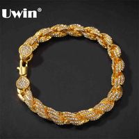 Uwin Hiphop Wome Mens Fashion Rope Chain Armband Bling S 9mm Guldfärg Iced Out Smycken Armband 210812