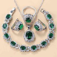 925 Sterling Silber Halskette und Ohrringe Schmuck Sets für Frauen Mode Zubehör Grün Zirkon Charm Armband Ring